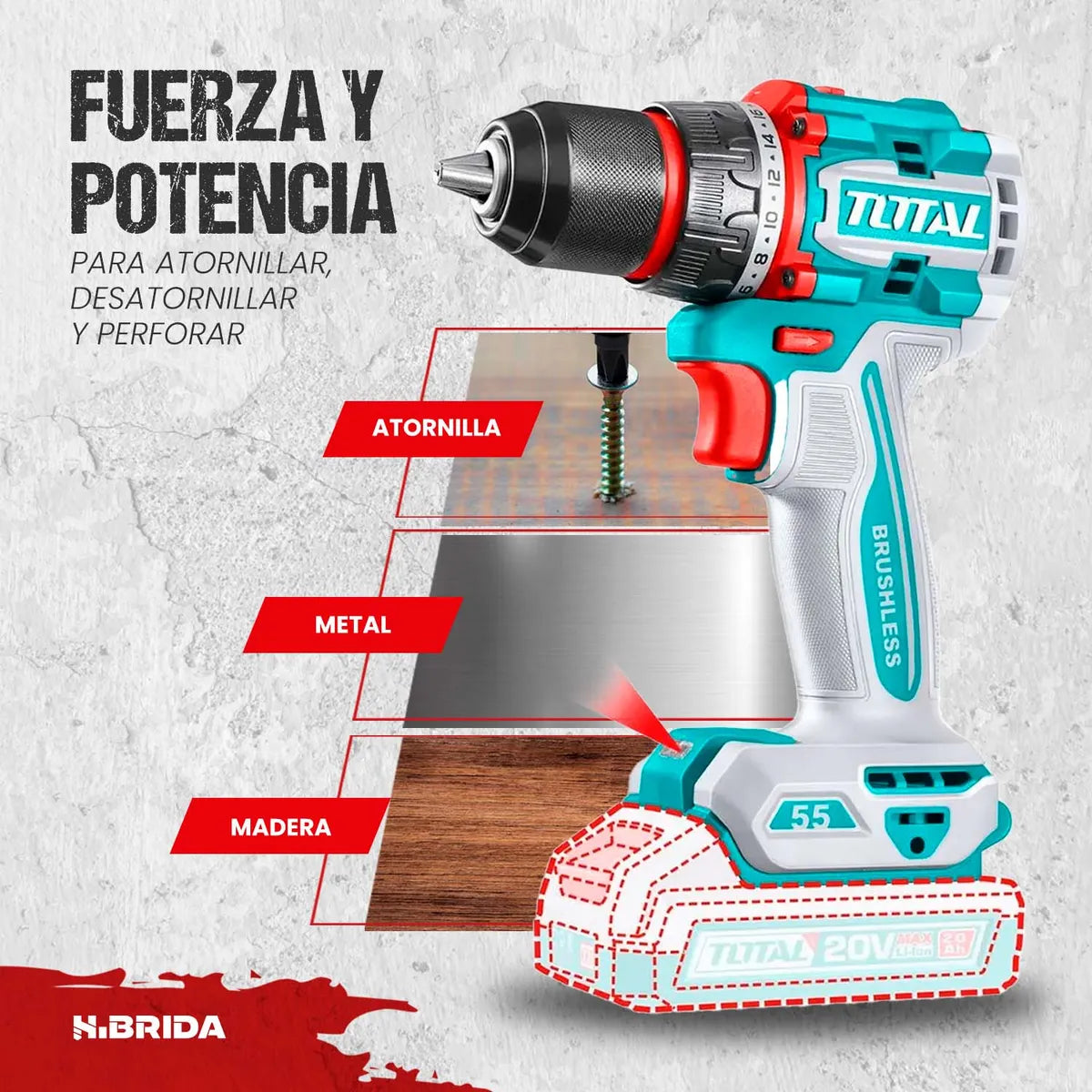 Taladro Atornillador 55nm 1BateriaCargadorTotal